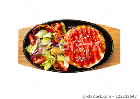 Pan of steamed asian rice with teriyaki sauce and fresh vegetables at wooden board isolated at white background. Pan of steamed asian rice with teriyaki sauce and fresh vegetables at wooden board isolated at white background. 122232648