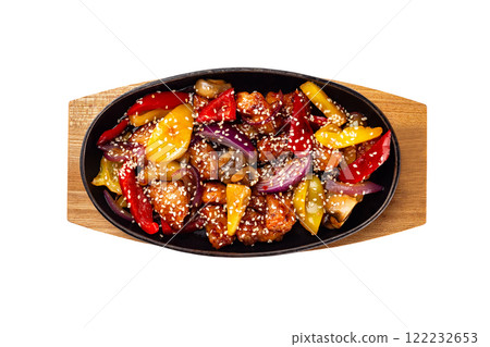 Pan of fried chicken with pineapple and grilled vegetables - pepper and onion served with sesame and teiyaki sauce at wooden board isolated at white background. 122232653