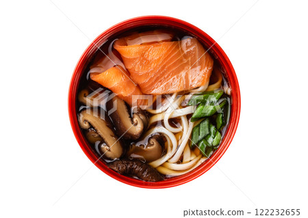 Closeup top view image of miso japanese soup with salmonm noodles, mushrooms and green onion isolated at white background. Closeup top view image of miso japanese soup with salmonm noodles, mushrooms and green onion isolated at white background. 122232655