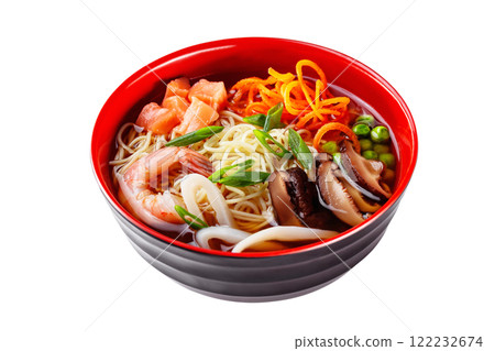 Top view image of japanese ramen soup with noodles, salmon, mushrooms and seafood isolated at white background. 122232674