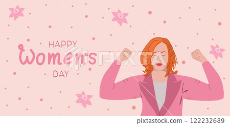 Happy Womens Day. Woman in pink showing her biceps.  122232689