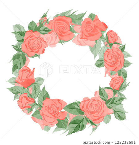 Round wreath frame with flowers, pink roses and green leaves isolated on a white background 122232691