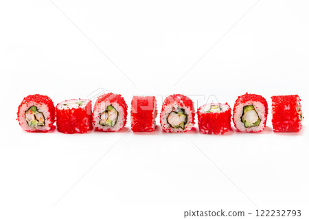 Closeup california sushi rolls with tobiko caviar, crab and cucumber isolated at white background. 122232793
