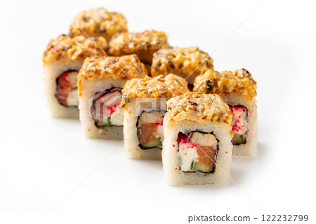 Japanese sushi rolls with eel, salmon, cream cheese and tamago isolated at white background. Japanese sushi rolls with eel, salmon, cream cheese and tamago isolated at white background. 122232799