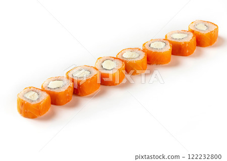 Closeup image of classic philadelphia sushi rolls with salmon isolated at white background. Closeup image of classic philadelphia sushi rolls with salmon isolated at white background. 122232800