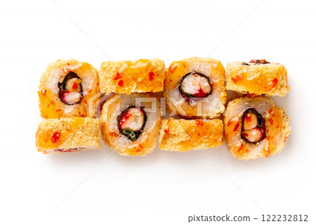 Top view set of hot sushi rolls with shrimp served with teriyaki isolated at white background. Top view set of hot sushi rolls with shrimp served with teriyaki isolated at white background. 122232812