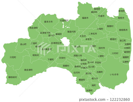 可分割的福島縣地圖，包含城市、城鎮和村莊名稱 122232860