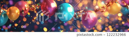Party Balloons and Streamers with Bokeh Lights 122232966