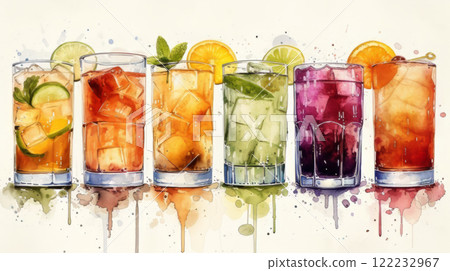 Vibrant Watercolor Glasses of Refreshing Beverages 122232967