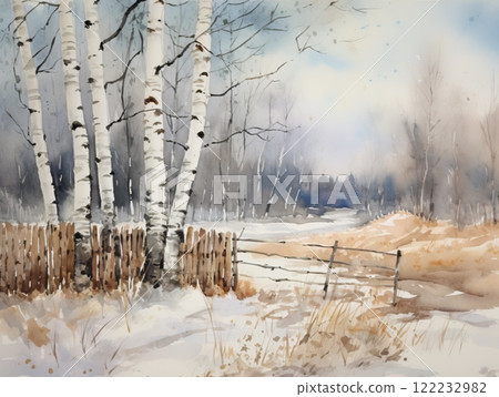 Peaceful Winter Landscape with Birch Trees and Snowy Path 122232982