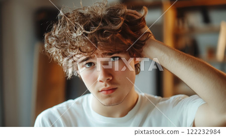 Thoughtful young man with messy hair indoors 122232984