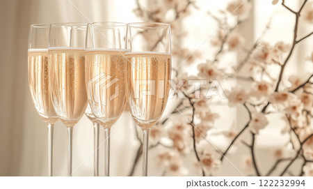 Champagne flutes with blossoming branch backdrop 122232994