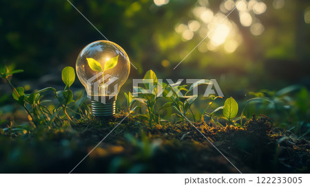 Illuminated Lightbulb Amidst Green Foliage 122233005
