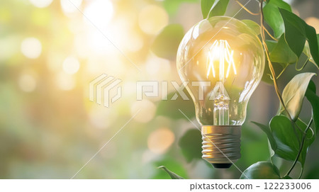 Eco Light Bulb Surrounded by Green Leaves 122233006
