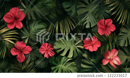 Vibrant Red Hibiscus Flowers with Tropical Leaves 122233017