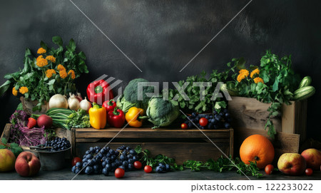 Fresh Organic Fruits and Vegetables on a Rustic Shelf 122233022