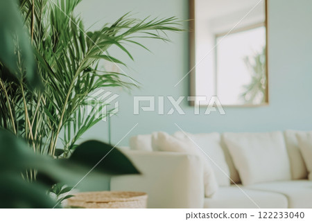 Minimalist Interior with Greenery and Soft Couch 122233040