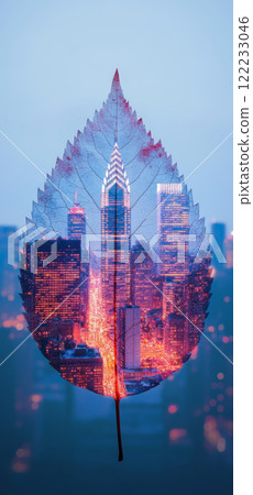 Double Exposure of city Skyline Inside Leaf Double Exposure of city Skyline Inside Leaf 122233046