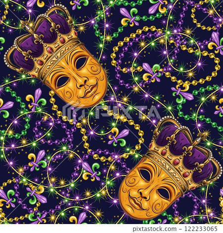 Carnival Mardi Gras themed pattern with golden venetian face mask in imperial crown, interlaced strings of beads, festive garland like sparkler. Detailed illustration in vintage style. Carnival Mardi Gras themed pattern with golden venetian face mask in imperial crown, interlaced strings of beads, festive garland like sparkler. Detailed illustration in vintage style. 122233065