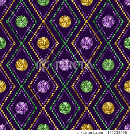 Geometric beaded pattern with money coin in center of grid cells. Diagonal diamond shaped rhombus grid, ornament. Decoration for Mardi Gras carnival. Vintage style illustration 122233066
