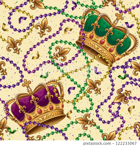 Seamless Mardi Gras pattern with imperial crown, randomly scattered Fleur de Lis sign, confetti, interlaced strings of beads on white background. Vintage style. 122233067
