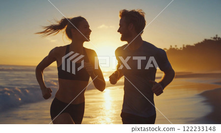 Couple Running on Beach at Sunset 122233148