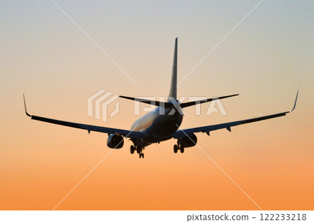 Passenger plane landing at dusk Passenger plane landing at dusk 122233218