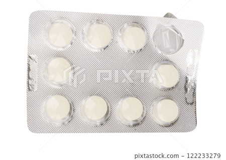 Used pill blister pack isolated on white background Used pill blister pack isolated on white background 122233279