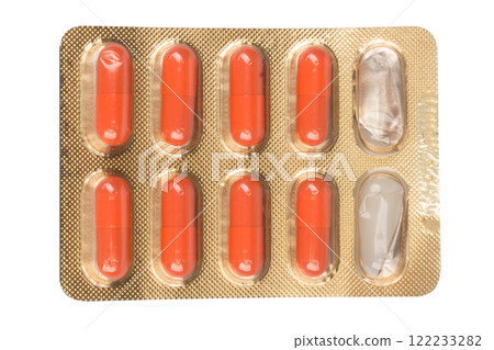 Used pill blister pack isolated on white background Used pill blister pack isolated on white background 122233282