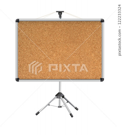 Cork board with wood frame. Empty corkboard with brown texture on transparent background. Business noticeboard. Vector 122233324