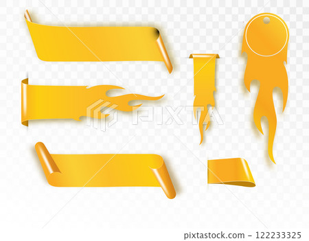 Golden satin ribbon tag. Gold textile label for sale promotion text. Discount and special offer badge. Vector 122233325