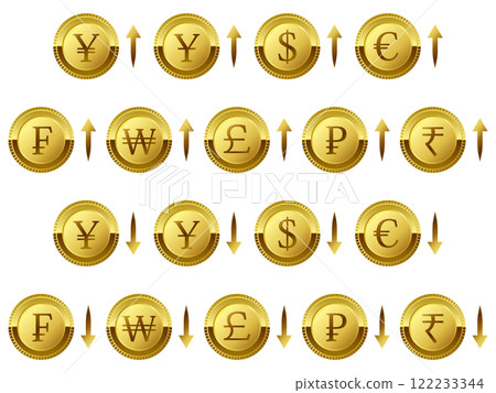 A luxurious coin icon set with up and down arrows 122233344