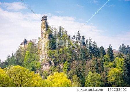 medieval orava castle of slovakia, europe. fairytale stronghold. high tower above landscape with trees and meadow in spring. sunny day. culture heritage 122233402