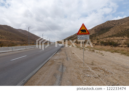 Caution sign on Gorgan to Bojnord road near Golestan National Park 122233474