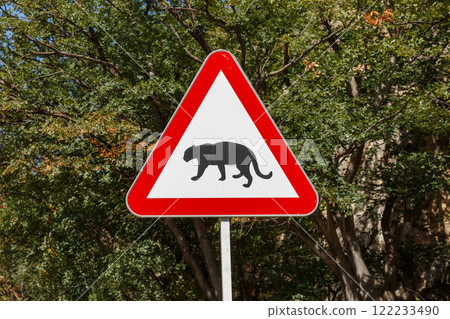 Caution Wild cat sign on Gorgan Bojnord road, Golestan Park 122233490