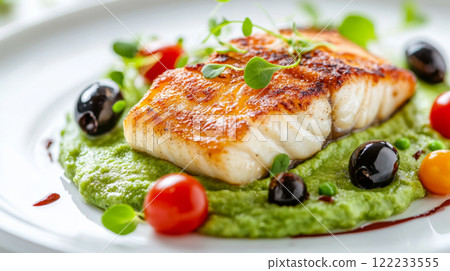 Grilled Fish Fillet on Green Puree with Fresh Vegetables 122233555