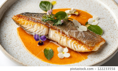 Crispy Fish Fillet with Edible Flowers and Rich Sauce 122233558