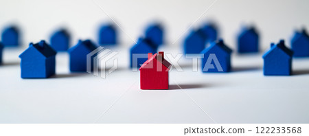 Red House Standing Out Among Blue Houses Red House Standing Out Among Blue Houses 122233568