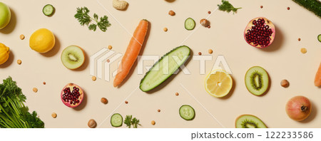 Fresh fruits and vegetables flat lay with carrots, lemons, and kiwis. 122233586
