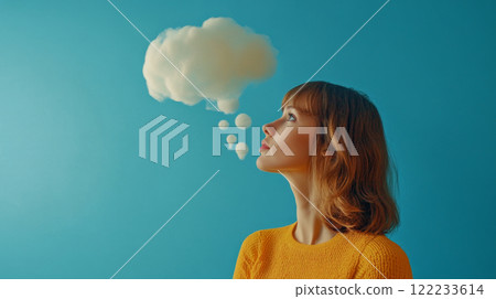 Woman with Thought Bubble on Vibrant Background 122233614