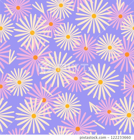 Seamless pattern with white and pink daisies on a purple background. Vector graphics. Seamless pattern with white and pink daisies on a purple background. Vector graphics. 122233660