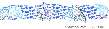 Seamless horizontal banner pattern with shells, seaweed, fish, corals and starfish. Marine life 122233800