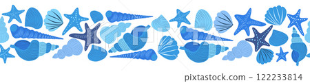 Seamless horizontal banner pattern with shells, seaweed, fish, corals and starfish. Marine life 122233814