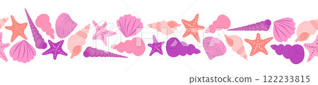 Seamless horizontal banner pattern with shells, seaweed, fish, corals and starfish. Marine life 122233815