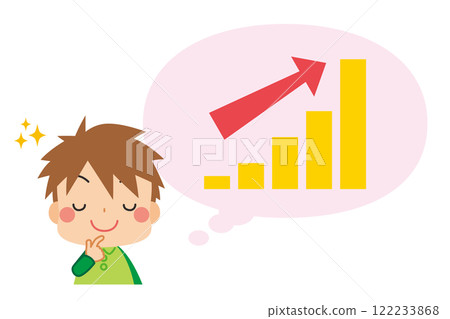 Illustration of a cute little boy smiling as he thinks of an upward trending graph White background Vector Clip art Illustration of a cute little boy smiling as he thinks of an upward trending graph White background Vector Clip art 122233868