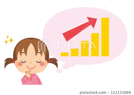 Illustration of a cute little girl smiling as she thinks of an upward trending graph White background Vector Clip art 122233869