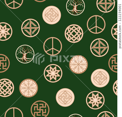 Seamless pattern ancient Slavic symbols. Star of the arkgamma, kolovrat, trixel, valknut, celtic cross and other Slavic symbol Seamless pattern ancient Slavic symbols. Star of the arkgamma, kolovrat, trixel, valknut, celtic cross and other Slavic symbol 122234001
