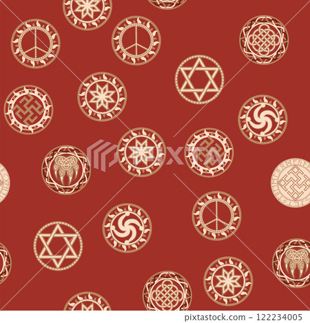 Seamless pattern ancient Slavic symbols. Star of the arkgamma, kolovrat, trixel, valknut, celtic cross and other Slavic symbol 122234005