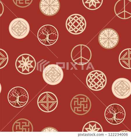 Seamless pattern ancient Slavic symbols. Star of the arkgamma, kolovrat, trixel, valknut, celtic cross and other Slavic symbol Seamless pattern ancient Slavic symbols. Star of the arkgamma, kolovrat, trixel, valknut, celtic cross and other Slavic symbol 122234006