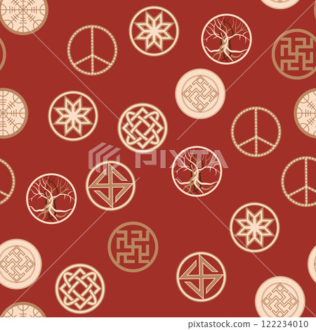 Seamless pattern ancient Slavic symbols. Star of the arkgamma, kolovrat, trixel, valknut, celtic cross and other Slavic symbol Seamless pattern ancient Slavic symbols. Star of the arkgamma, kolovrat, trixel, valknut, celtic cross and other Slavic symbol 122234010